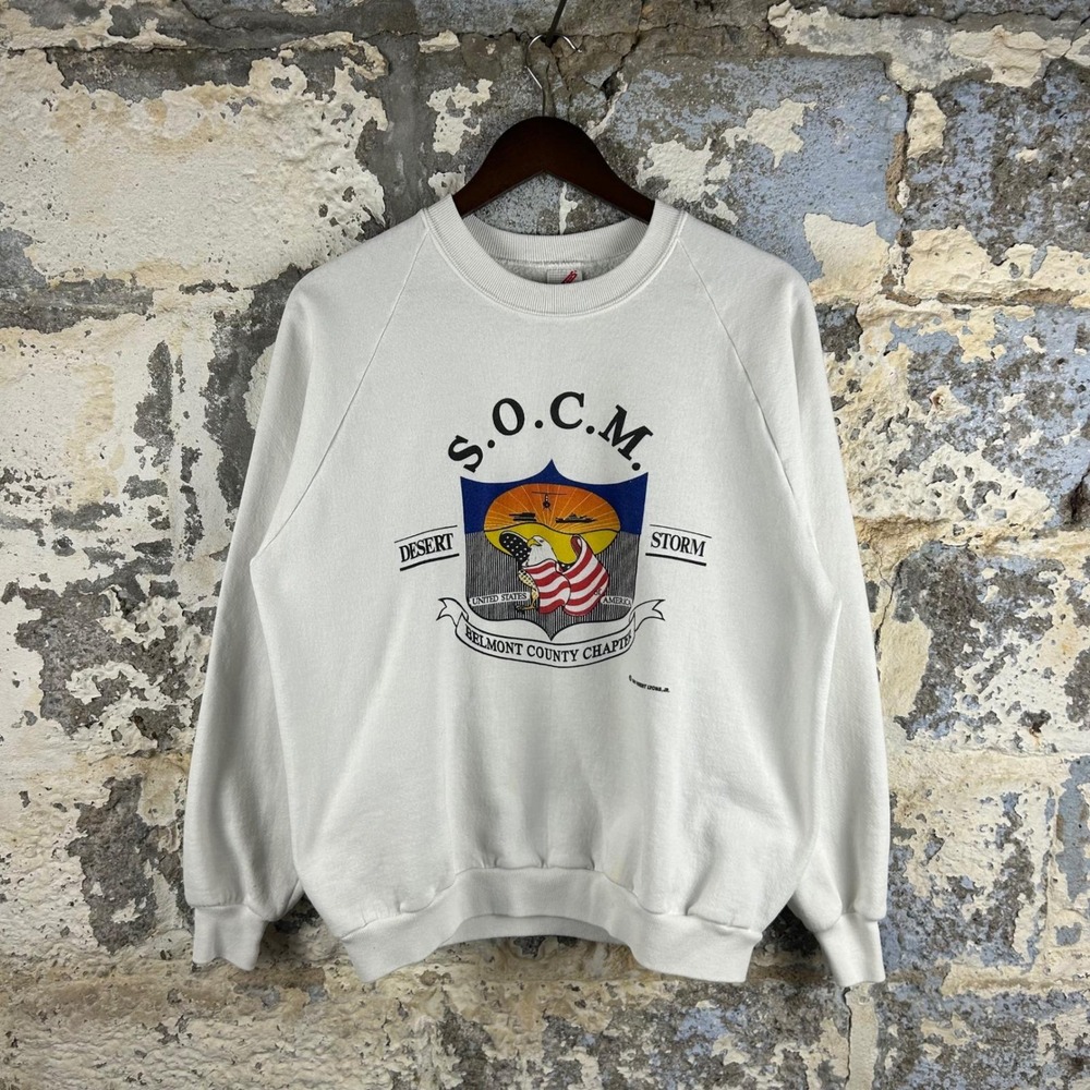 Jerzees Sweatshirt Mens XL White Good 1991 Desert Storm SOCM Raglan Graphic